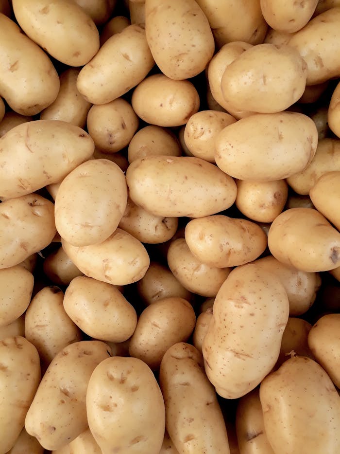 A close-up view of fresh organic potatoes piled together, showcasing natural texture and freshness.